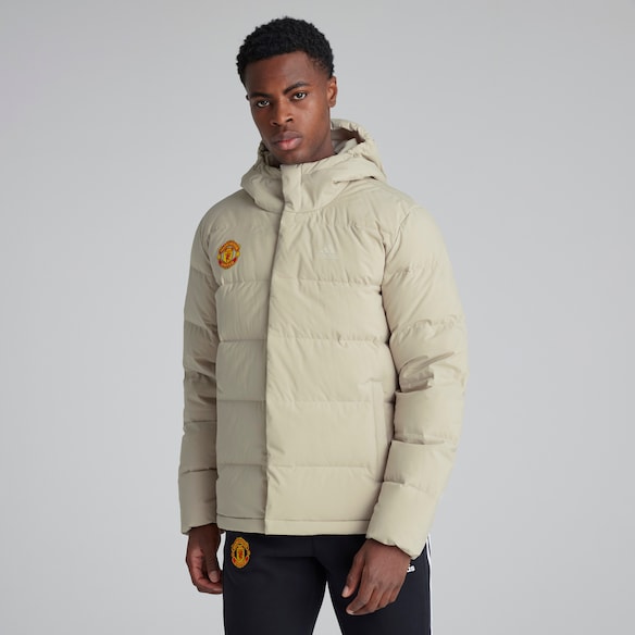 Manchester United Adidas Mens Helionic Hooded Down Jacket Beige Beige