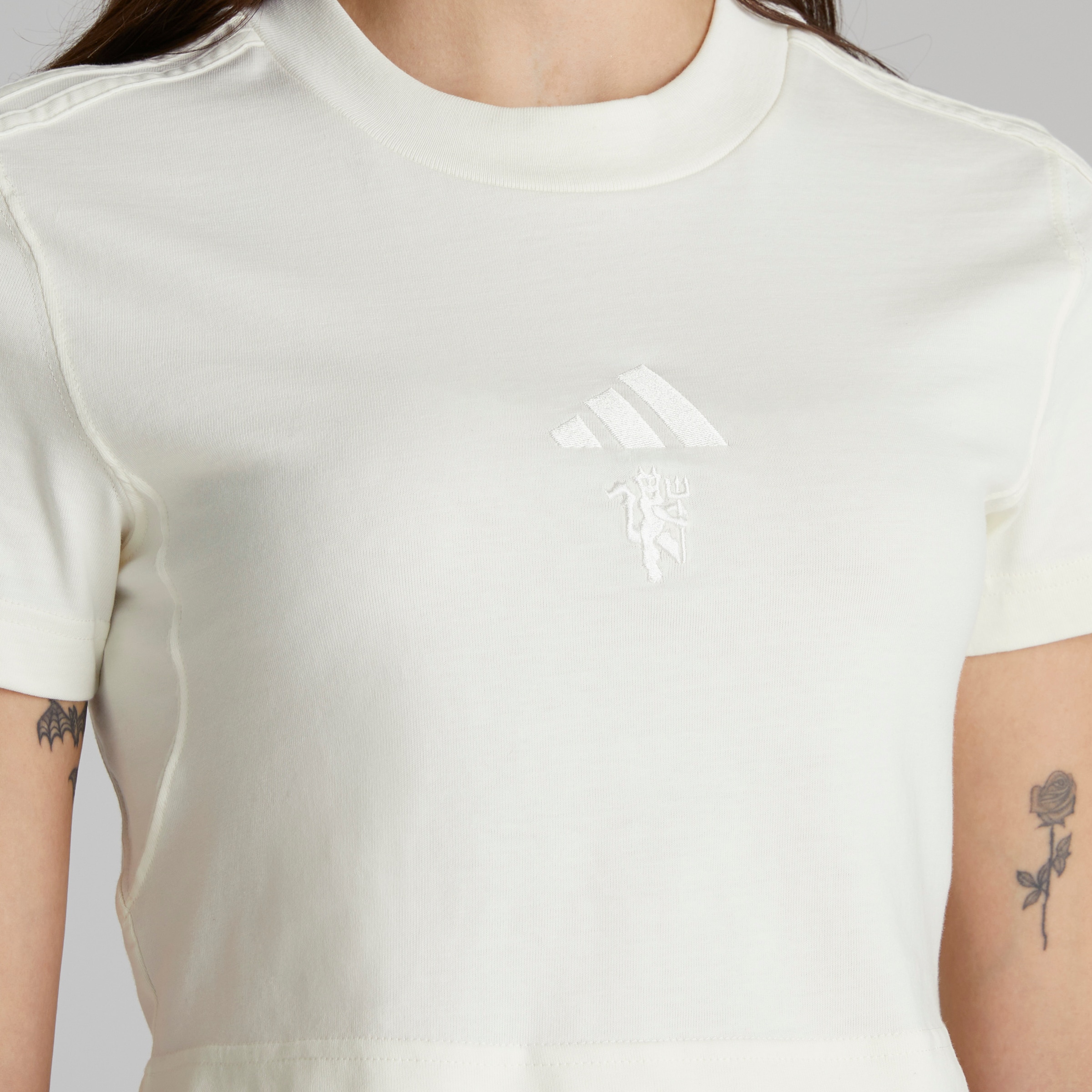 Manchester United x adidas Womens ALL SZN 3-Stripes Slim T-Shirt Off White White Detail [5-7]