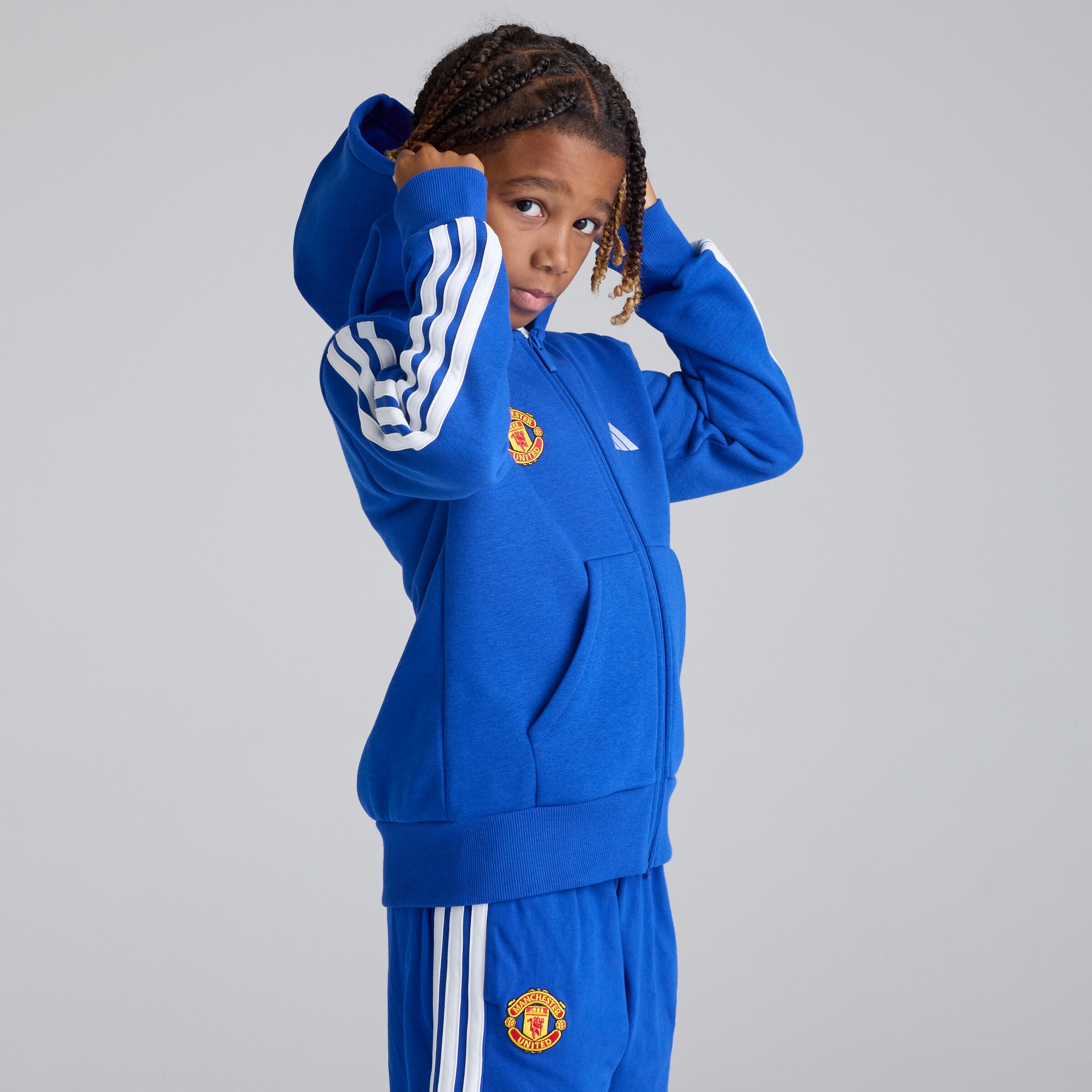 Manchester United x adidas Kids Essentials 3-Stripes Fleece Full-Zip Hoodie Blue Blue Detail [4-6]