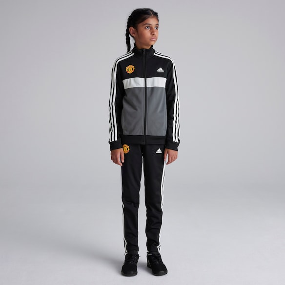 Manchester United x adidas Kids Essentials 3-Stripes Tiberio Tracksuit Black/Grey Black