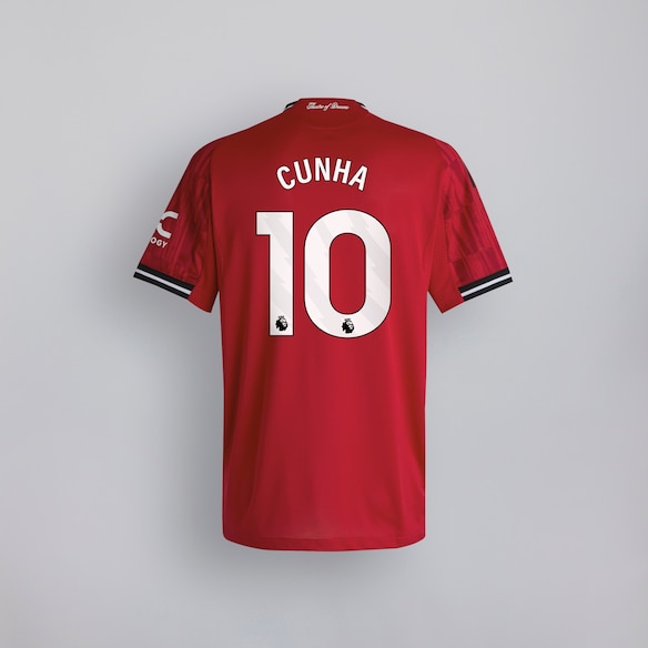 Manchester United 25/26 Home Kids Jersey with Cunha 10 EPL Printing & Badge 빨간색