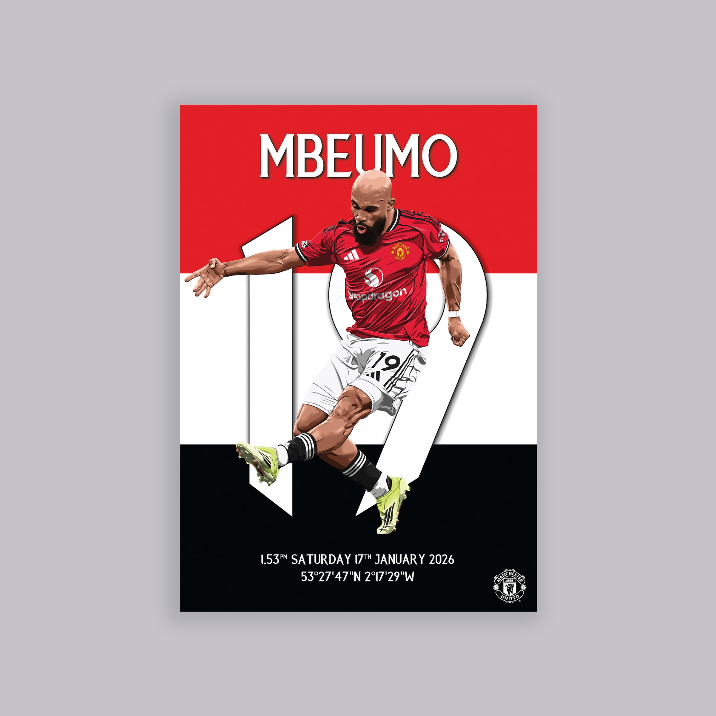 Manchester United Mbeumo Derby Goal A2 Poster Red White