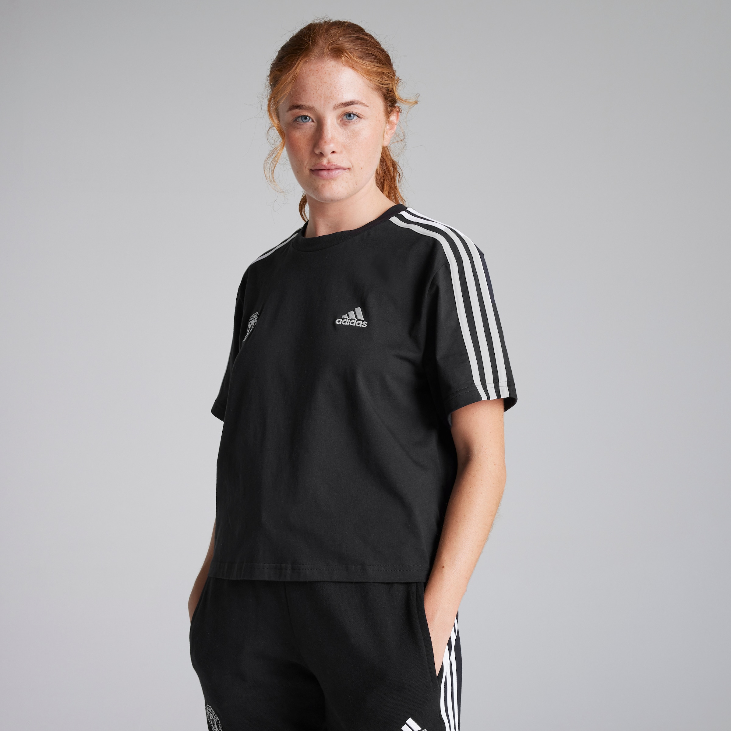 Manchester United x adidas Womens Essentials 3-Stripes Single Jersey Crop Top Black Black