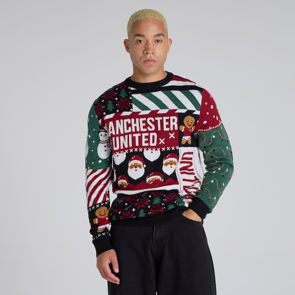 Manchester United Adults Christmas Patchwork Jumper Black Multi