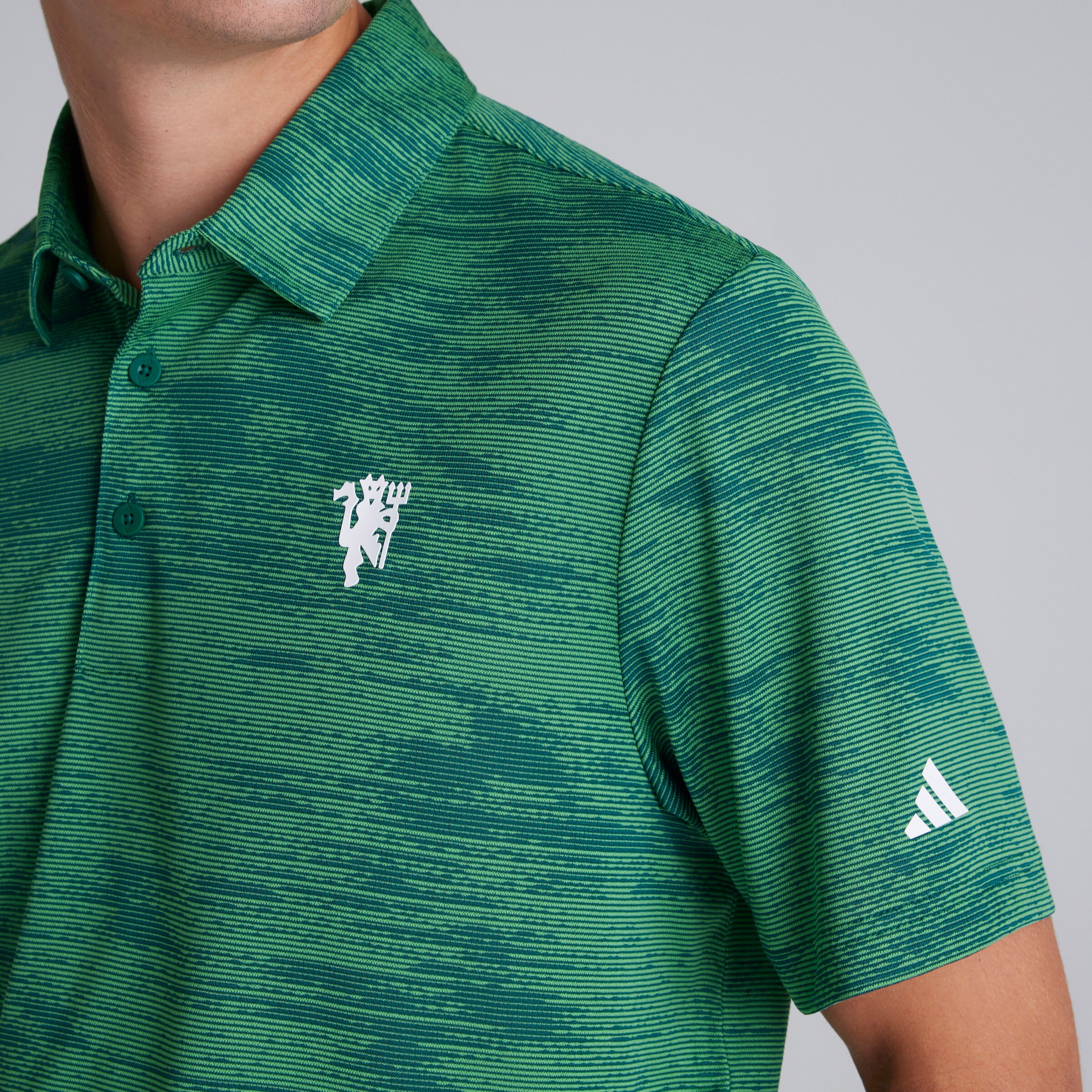 Manchester United x adidas Mens Golf Ultimate365 Stripe Polo Shirt Green Green Detail [5-7]