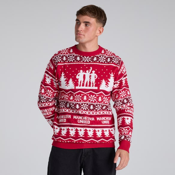 Manchester United Adults Christmas Fairisle Jumper Red Red