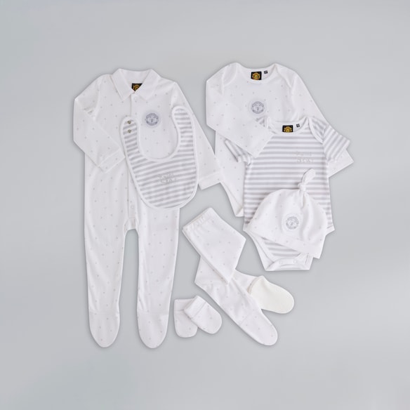 Manchester United Baby Sleepsuit, Bodysuits, Bib, Pants, Gloves & Hat Gift Box White Blanco