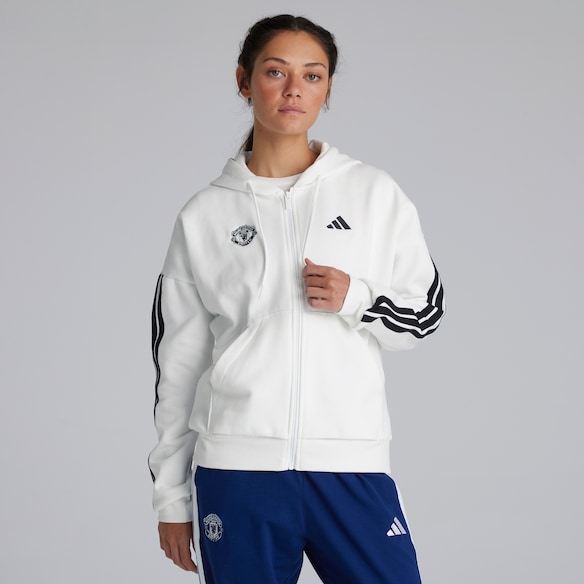 Manchester United x adidas Womens Essentials 3-Stripes Full Zip Fleece Hoodie White White