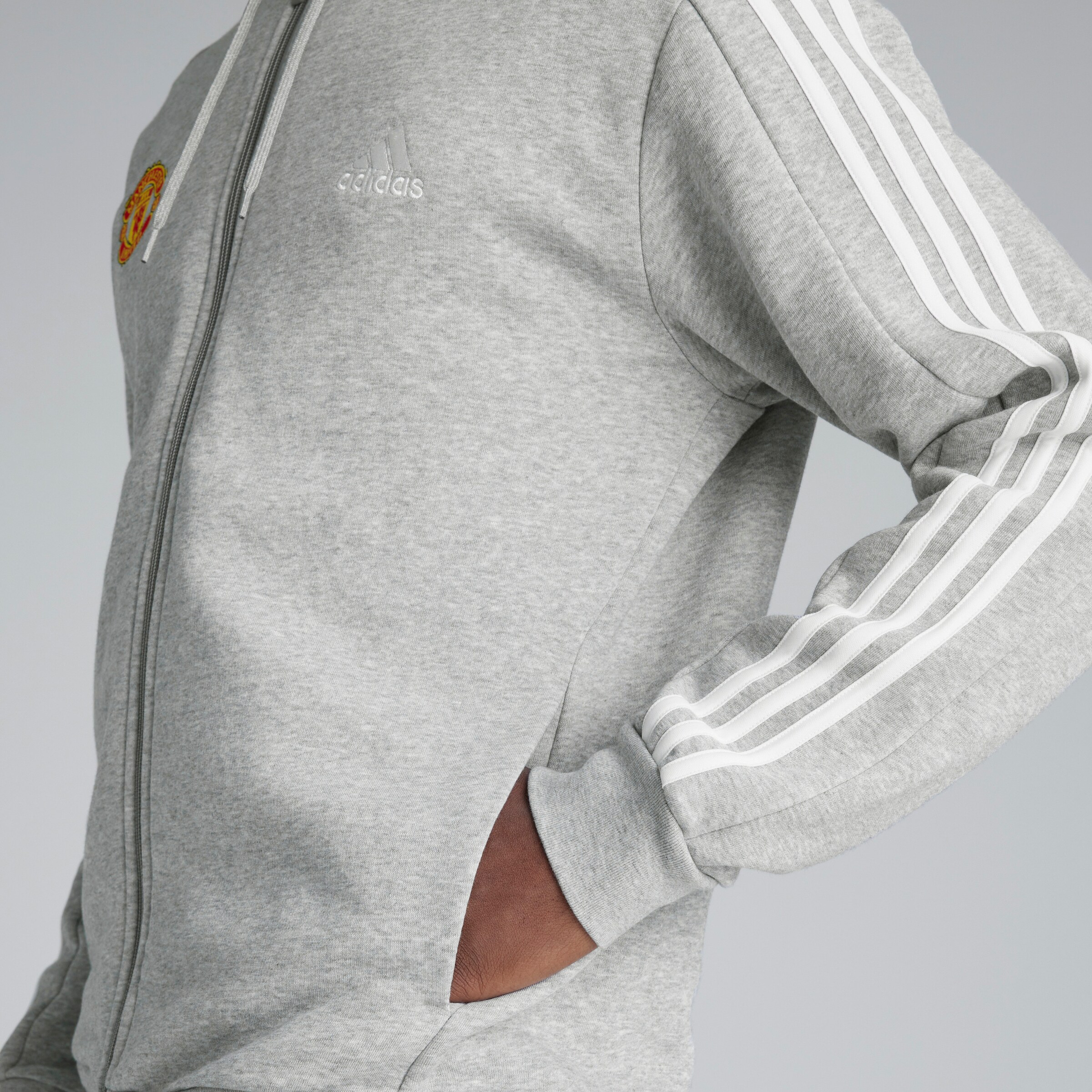 Manchester United x adidas Essentials Fleece 3-Stripes Hoodie Grey Grey Detail [5-6]