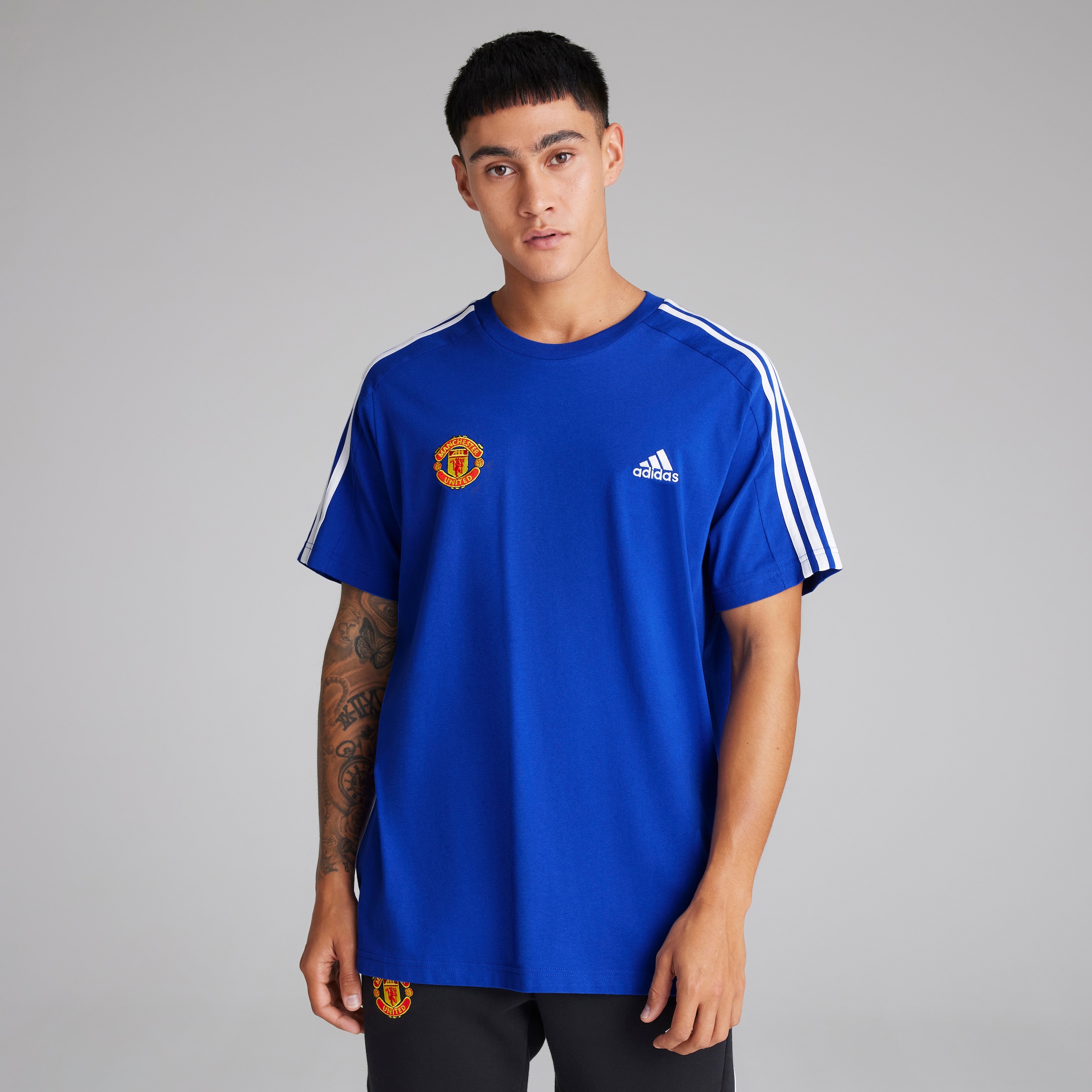 Buy Manchester United x adidas Essentials Single Jersey 3 Stripes T Shirt Blue Manchester United Store